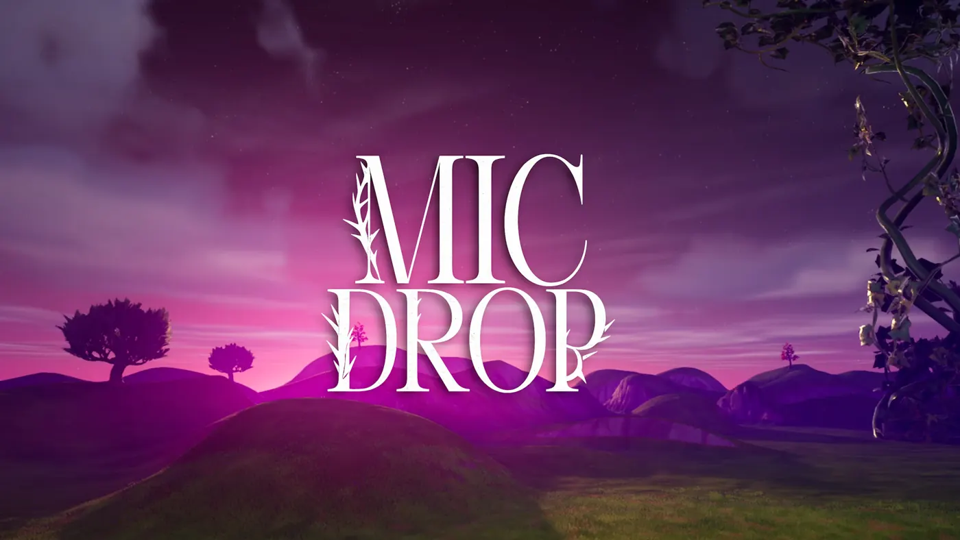 Mic Drop title over a purple Fortnite sky