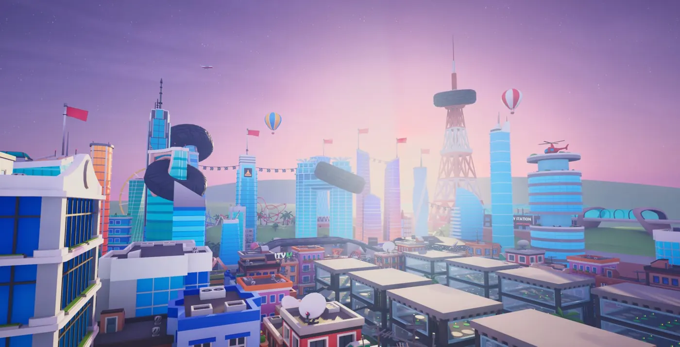 SCC City skyline at dusk in Fortnite